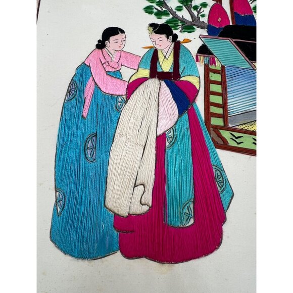 Vintage Korean Silk Embroidery Hanbok Wedding Scene with Gama Palanquin Panel - Picture 3 of 6